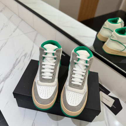 MID-TOP SNEAKERS IN WHITE PERFORATED LAMBSKIN AND GRAY SUEDE