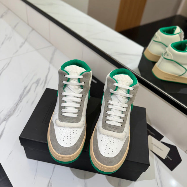 MID-TOP SNEAKERS IN WHITE PERFORATED LAMBSKIN AND GRAY SUEDE