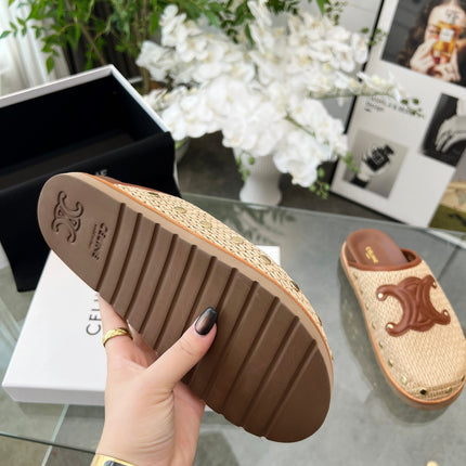 CELINE 26S TRIOMPHE MULES IN BEIGE RAFFIA AND BROWN CALFSKIN