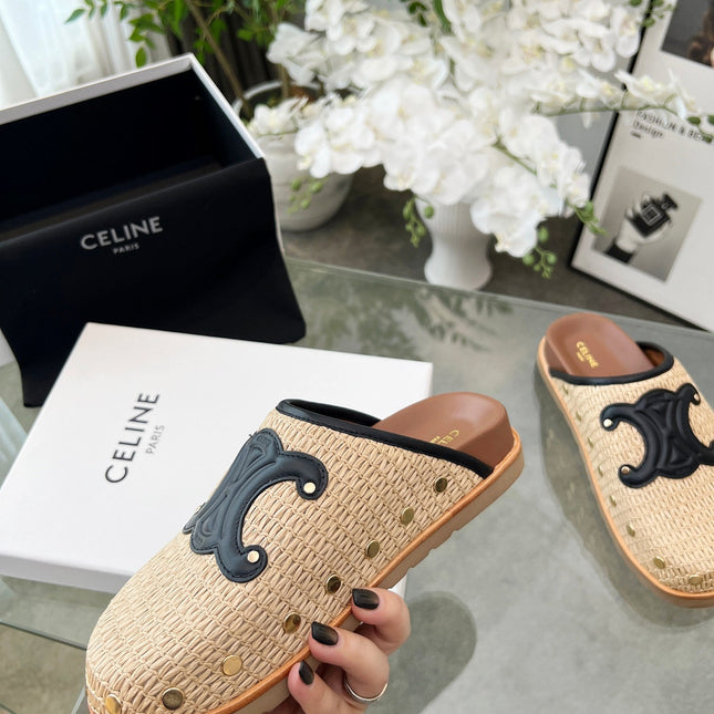 CELINE 26S TRIOMPHE MULES IN BEIGE RAFFIA AND BLACK CALFSKIN