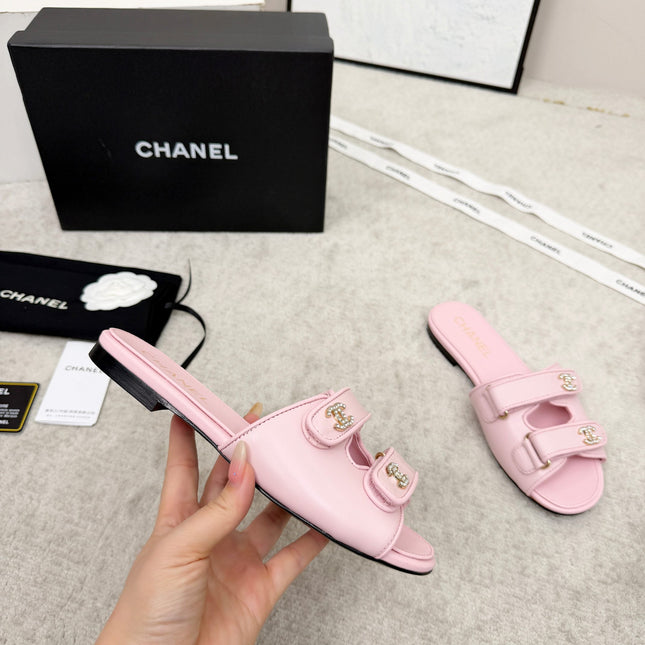 CHANEL 26S DOUBLE STRAP SLIDE SANDALS IN PINK CALFSKIN
