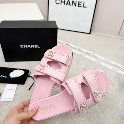 CHANEL 26S DOUBLE STRAP SLIDE SANDALS IN PINK CALFSKIN