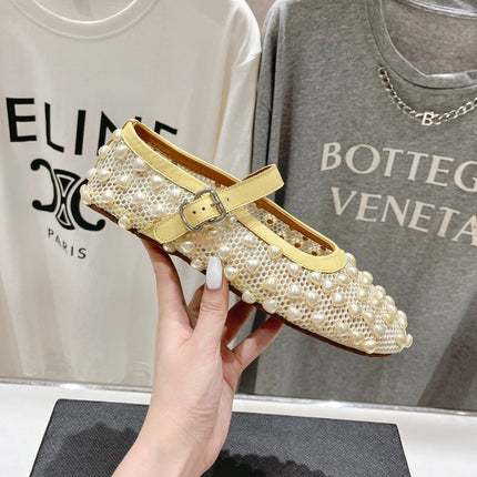 ALAIA PEARL MARY JANE SHOES IN LIGHT YELLOW MESH AND CALFSKIN