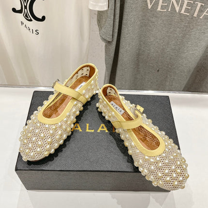 ALAIA PEARL MARY JANE SHOES IN LIGHT YELLOW MESH AND CALFSKIN