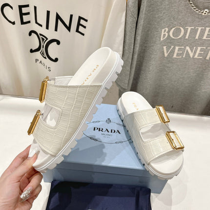 PRA CROCODILE MOTIF STRAP SLIDES SANDALS WHITE CALFSKIN