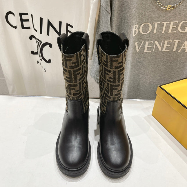 FENDI 25S ANKLE BOOTS IN BLACK COWHIDE AND BROWN CANVAS LOGO EMBOSSING