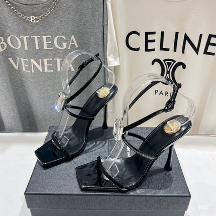 HIGH HEEL SANDALS IN BLACK GLOSSY CALFSKIN WTH STRAPS ATTACHED GEM