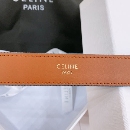 CELINE 25S BELT TRIOMPHE TAURILLON 25MM IN BROWN CALFSKIN AND DENIM 558352