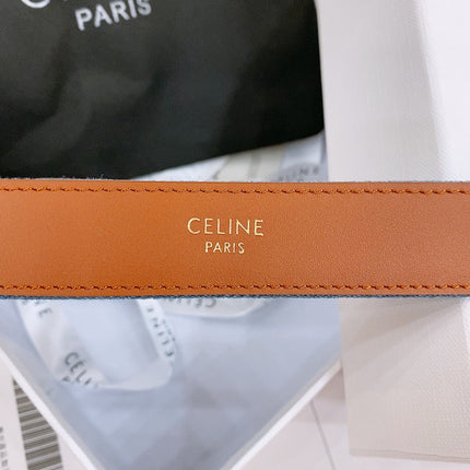 CELINE 25S BELT TRIOMPHE TAURILLON 25MM IN BROWN CALFSKIN AND DENIM 558354