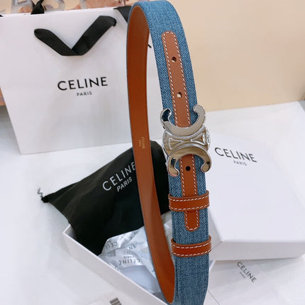 CELINE 25S BELT TRIOMPHE TAURILLON 25MM IN BROWN CALFSKIN AND DENIM 558354