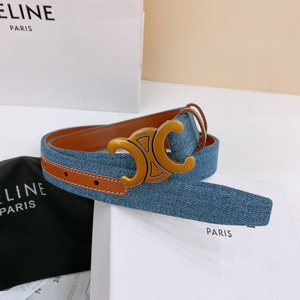 CELINE 25S BELT TRIOMPHE TAURILLON 25MM IN BROWN CALFSKIN AND DENIM 558355