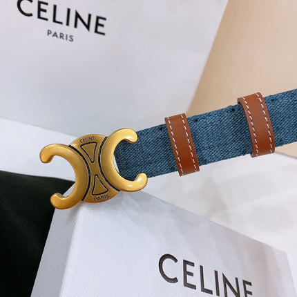 CELINE 25S BELT TRIOMPHE TAURILLON 25MM IN BROWN CALFSKIN AND DENIM 558355