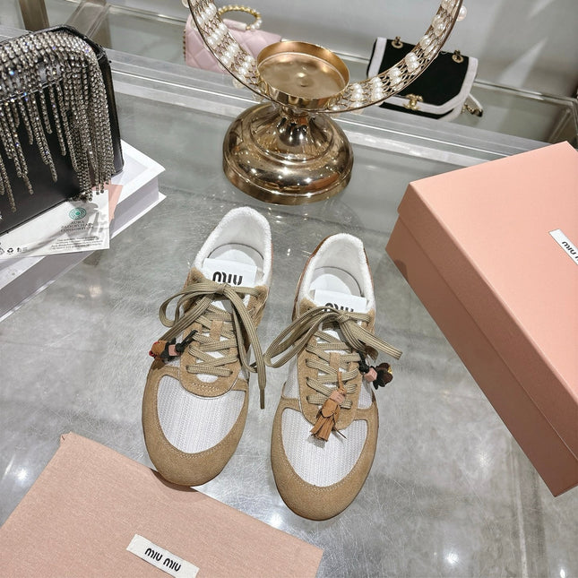 MIUMIU 26S LACE UP SNEAKERS IN BEIGE SUEDE WHITE FABRIC CHARM DETAIL