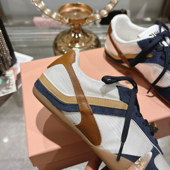 MIUMIU 26S LACE UP SNEAKERS IN NAVY BLUE SUEDE WHITE FABRIC CHARM DETAIL