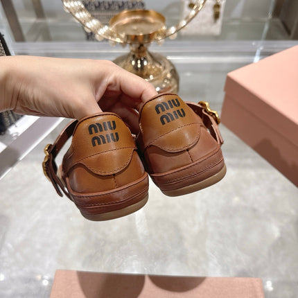 MIUMIU 26S MARY JANE FLATS IN CARAMEL BROWN CALFSKIN GOLD BUCKLE