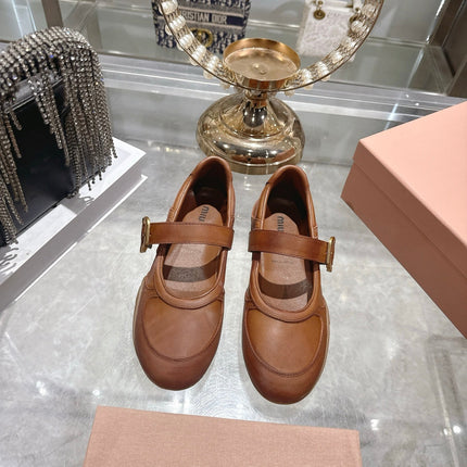 MIUMIU 26S MARY JANE FLATS IN CARAMEL BROWN CALFSKIN GOLD BUCKLE