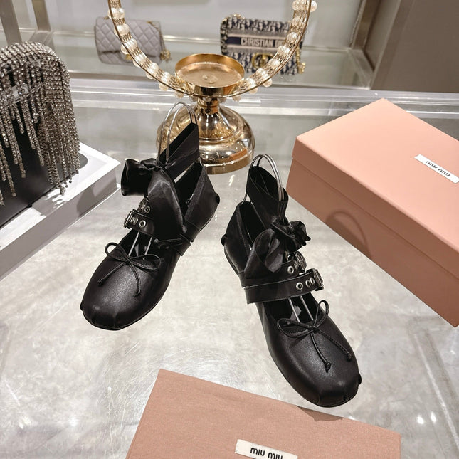 MIUMIU 26S SLINGBACK BALLET FLATS IN BLACK CALFSKIN SILVER HARDWARE