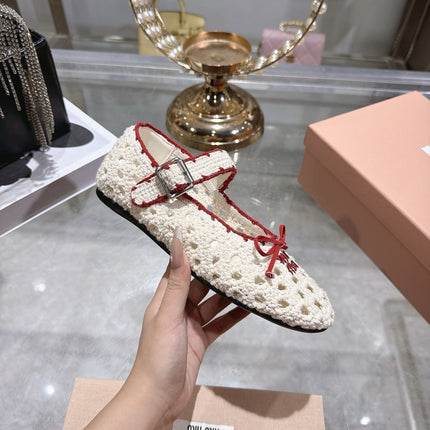 MIUMIU 26S MARY JANE BALLET FLATS IN WHITE CROCHET KNIT AND RED TRIM