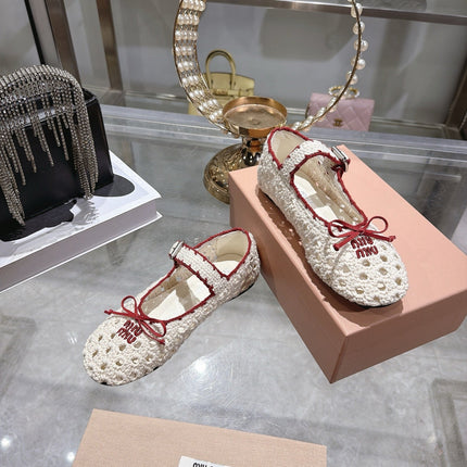 MIUMIU 26S MARY JANE BALLET FLATS IN WHITE CROCHET KNIT AND RED TRIM