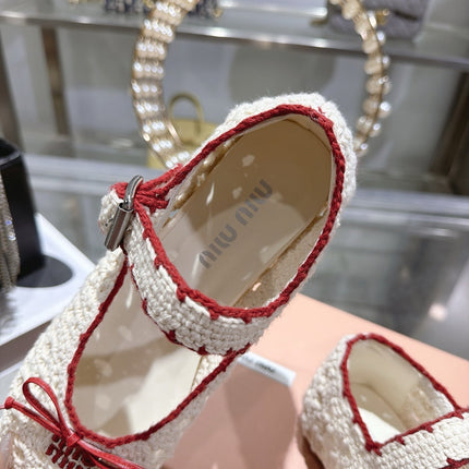 MIUMIU 26S MARY JANE BALLET FLATS IN WHITE CROCHET KNIT AND RED TRIM