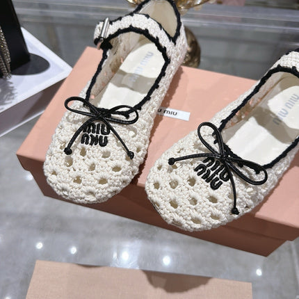 MIUMIU 26S MARY JANE BALLET FLATS IN WHITE CROCHET KNIT