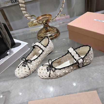 MIUMIU 26S MARY JANE BALLET FLATS IN WHITE CROCHET KNIT