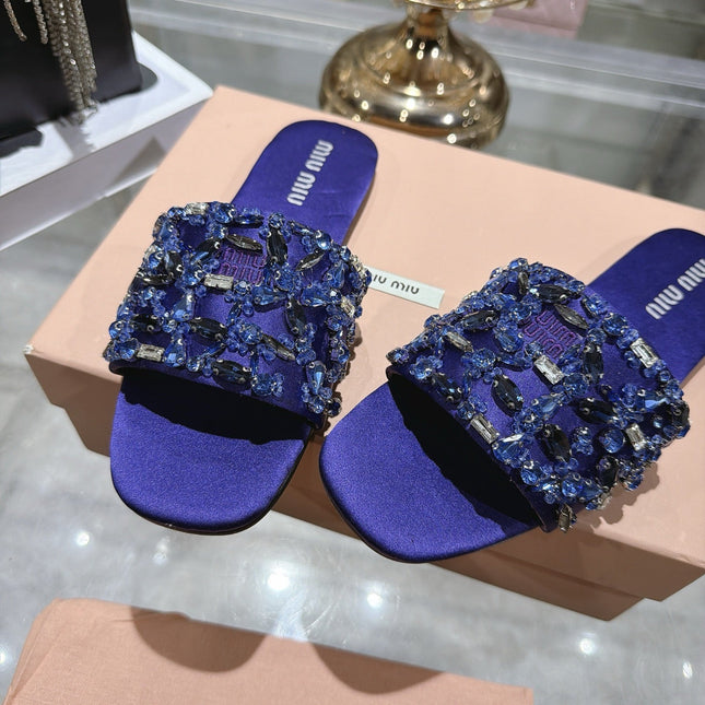MIUMIU 26S SANDALS IN PURPLE EMBELLISHED SILK