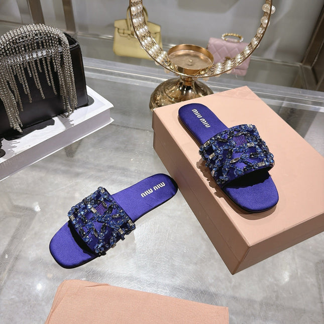 MIUMIU 26S SANDALS IN PURPLE EMBELLISHED SILK