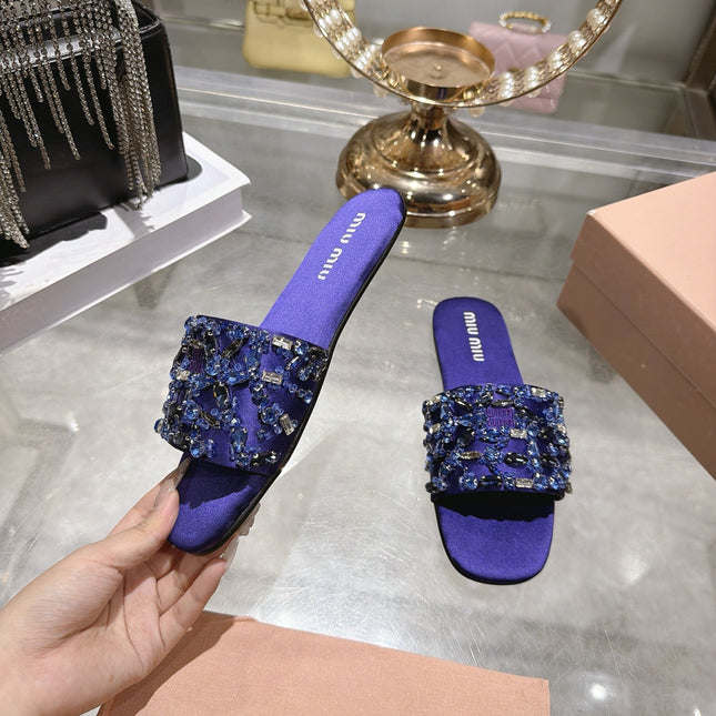 MIUMIU 26S SANDALS IN PURPLE EMBELLISHED SILK