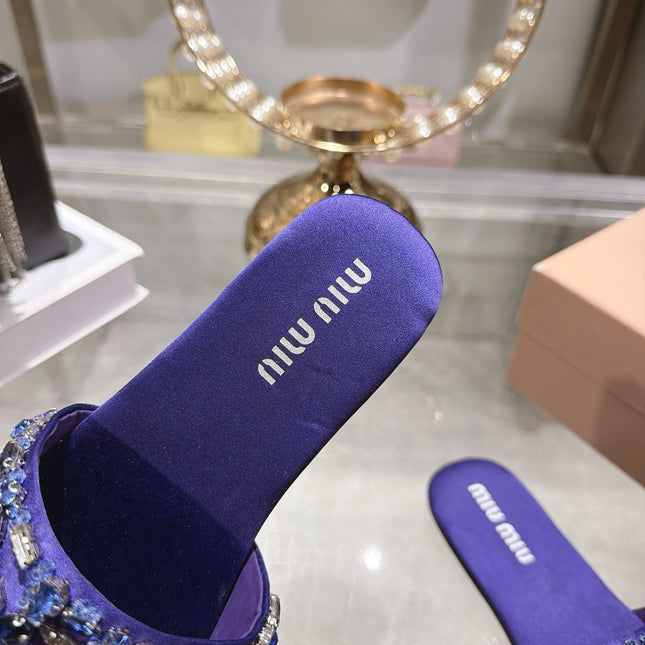 MIUMIU 26S SANDALS IN PURPLE EMBELLISHED SILK