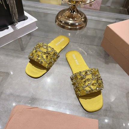 MIUMIU 26S SANDALS IN YELLOW EMBELLISHED SILK