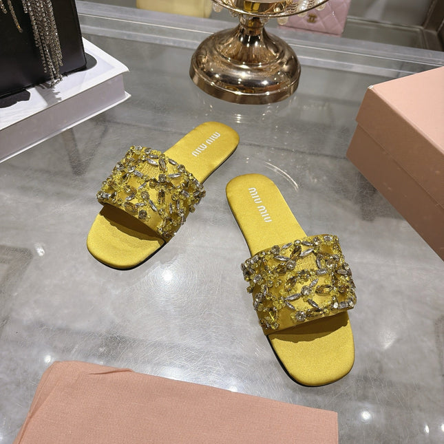 MIUMIU 26S SANDALS IN YELLOW EMBELLISHED SILK