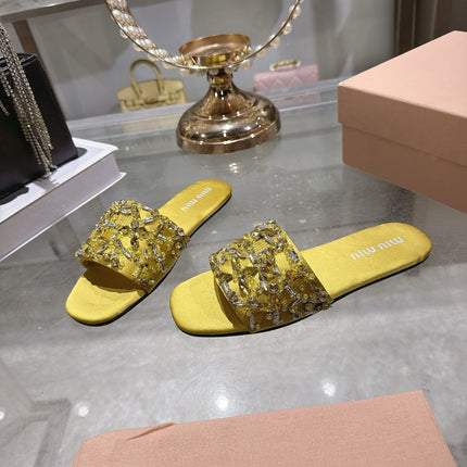 MIUMIU 26S SANDALS IN YELLOW EMBELLISHED SILK