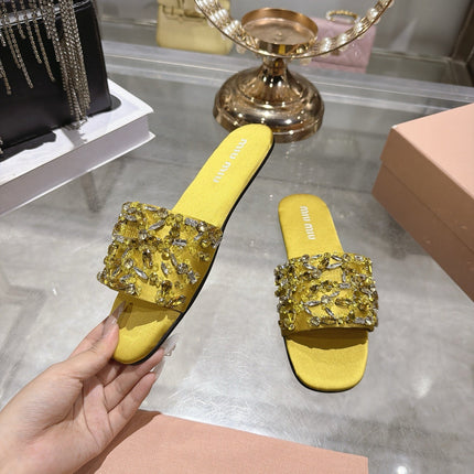 MIUMIU 26S SANDALS IN YELLOW EMBELLISHED SILK