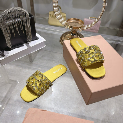 MIUMIU 26S SANDALS IN YELLOW EMBELLISHED SILK