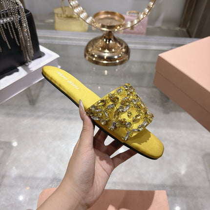 MIUMIU 26S SANDALS IN YELLOW EMBELLISHED SILK