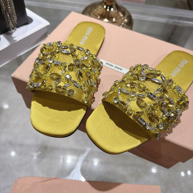 MIUMIU 26S SANDALS IN YELLOW EMBELLISHED SILK