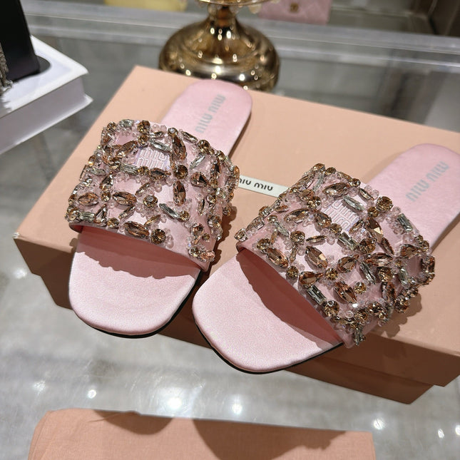 MIUMIU 26S SANDALS IN PINK EMBELLISHED SILK