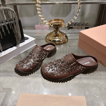 MIUMIU 26S CRYSTAL-EMBROIDERED MULES IN DARK BROWN CALFSKIN
