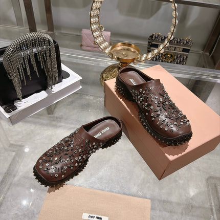 MIUMIU 26S CRYSTAL-EMBROIDERED MULES IN DARK BROWN CALFSKIN
