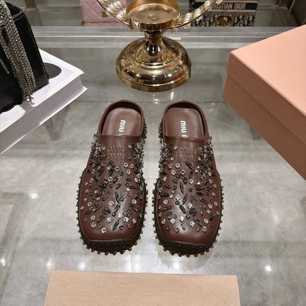 MIUMIU 26S CRYSTAL-EMBROIDERED MULES IN DARK BROWN CALFSKIN