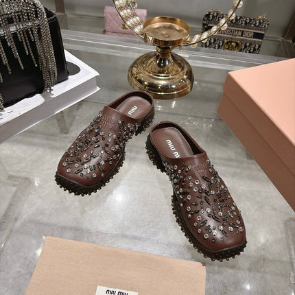 MIUMIU 26S CRYSTAL-EMBROIDERED MULES IN DARK BROWN CALFSKIN