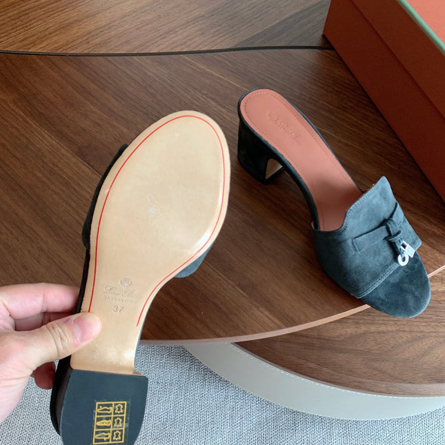LP 26S SUMMER MULE HEELS 60MM IN DARK GREY SUEDE GOLD HARDWARE