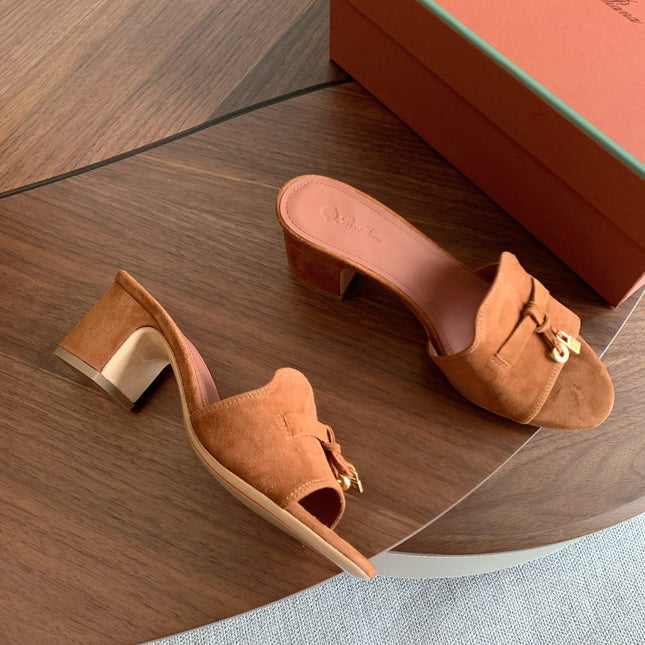 LP 26S SUMMER MULE HEELS 60MM IN CARAMEL BROWN SUEDE GOLD HARDWARE