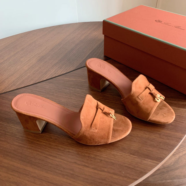 LP 26S SUMMER MULE HEELS 60MM IN CARAMEL BROWN SUEDE GOLD HARDWARE