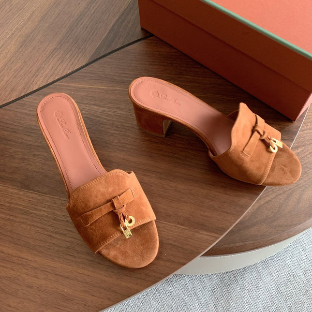 LP 26S SUMMER MULE HEELS 60MM IN CARAMEL BROWN SUEDE GOLD HARDWARE