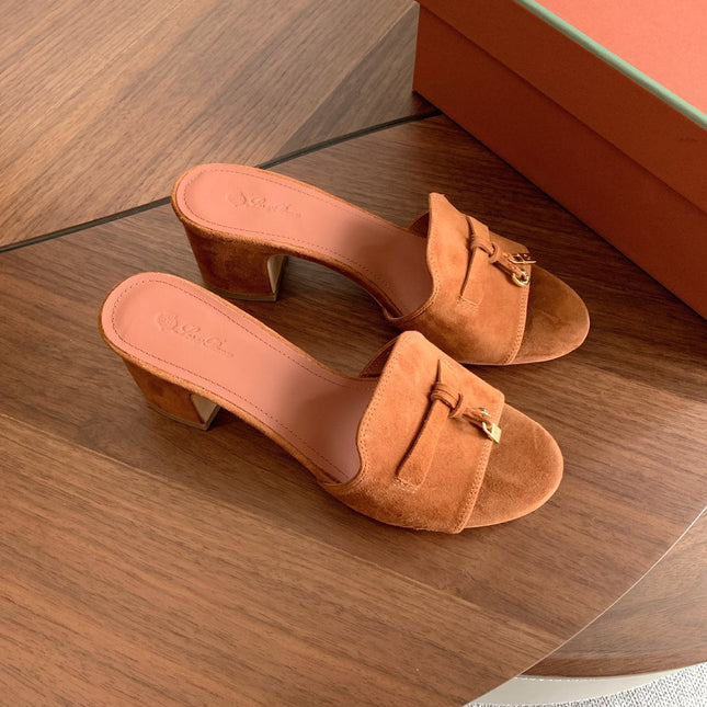 LP 26S SUMMER MULE HEELS 60MM IN CARAMEL BROWN SUEDE GOLD HARDWARE