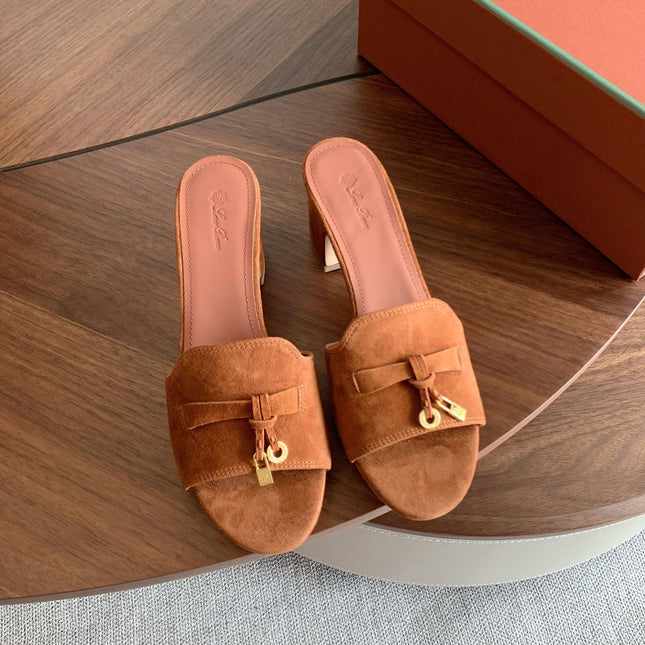 LP 26S SUMMER MULE HEELS 60MM IN CARAMEL BROWN SUEDE GOLD HARDWARE