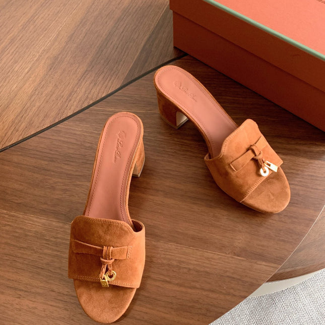 LP 26S SUMMER MULE HEELS 60MM IN CARAMEL BROWN SUEDE GOLD HARDWARE