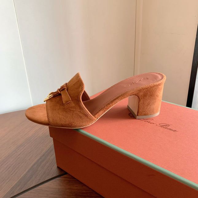 LP 26S SUMMER MULE HEELS 60MM IN CARAMEL BROWN SUEDE GOLD HARDWARE